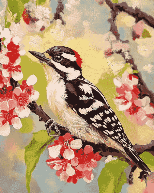 Downy Woodpecker Blossoms Diamond Painting