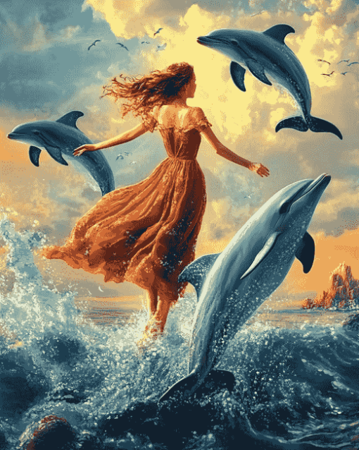 Elegant Woman with Dolphins Diamond Painting