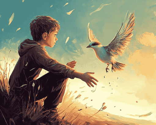 Fantasy Boy and Bird Scene Diamond Painting