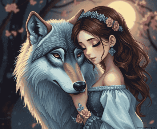 Fantasy Wolf and Girl Diamond Painting