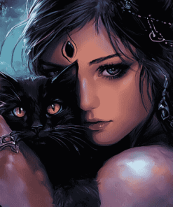 Fantasy Woman with Black Cat Diamond Painting