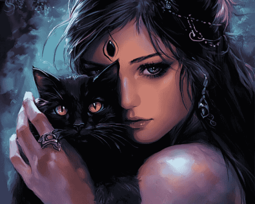 Fantasy Woman with Black Cat Diamond Painting