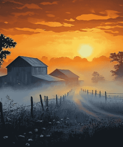 Farm Misty Sunrise Scenery Diamond Painting