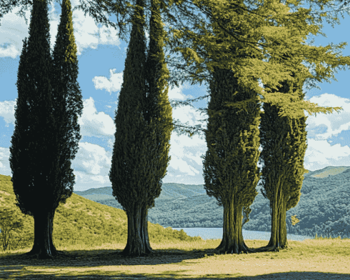 Four Majestic Cypress Trees Diamond Painting