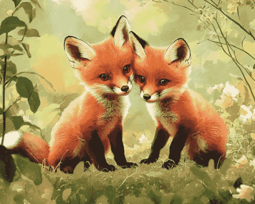 Fox Cubs Playful Diamond Painting