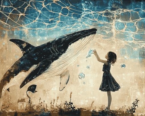 Girl and Dog with Whales Diamond Painting