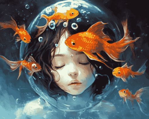 Girl and Goldfish Animation Diamond Painting