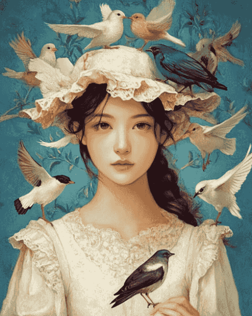 Girl with Birds Diamond Painting