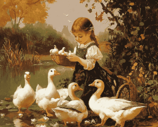 Girl with Geese Vintage Diamond Painting