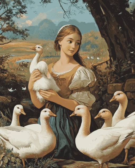 Girls with Geese Vintage Diamond Painting