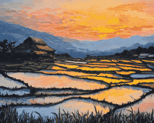 Golden Sunset Over Rice Terraces Diamond Painting