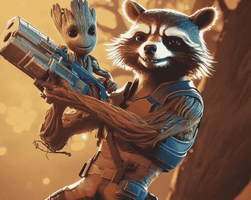 Groot and Rocket Fortnite Art Diamond Painting