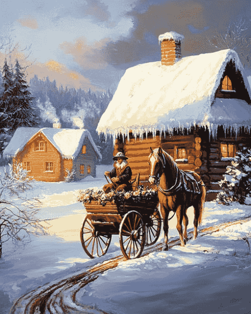 Horse and Wagon Winter Scene Diamond Painting