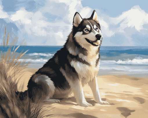 Husky Puppy Beach Diamond Painting