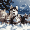 Husky and Cat Snow Adventure Diamond Painting