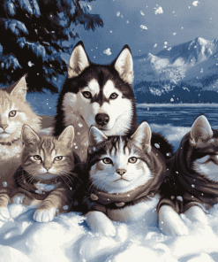 Husky and Cat Snow Adventure Diamond Painting