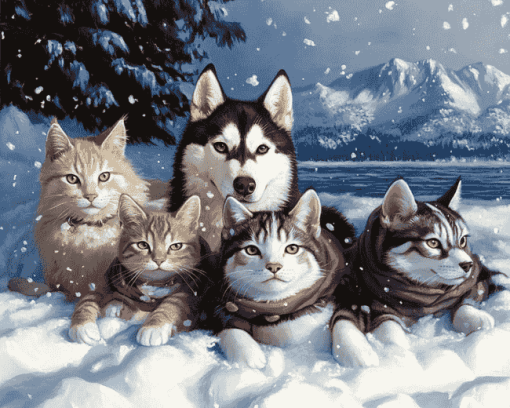 Husky and Cat Snow Adventure Diamond Painting