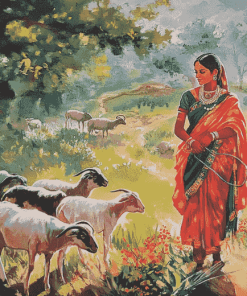 Indian Lady with Goats in Landscapes Diamond Painting