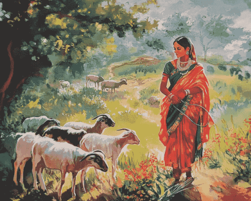 Indian Lady with Goats in Landscapes Diamond Painting