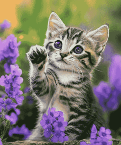 Kitten and Purple Flowers Diamond Painting