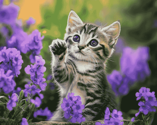 Kitten and Purple Flowers Diamond Painting