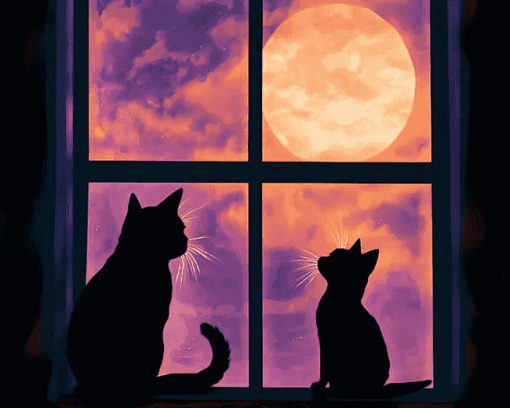 Kitty Silhouette Window View Diamond Painting