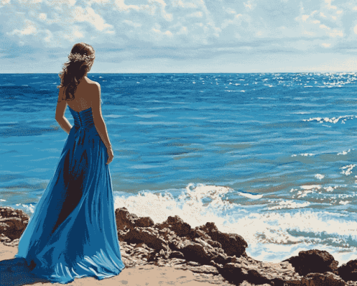 Lady in Blue Dress Seaside Diamond Painting