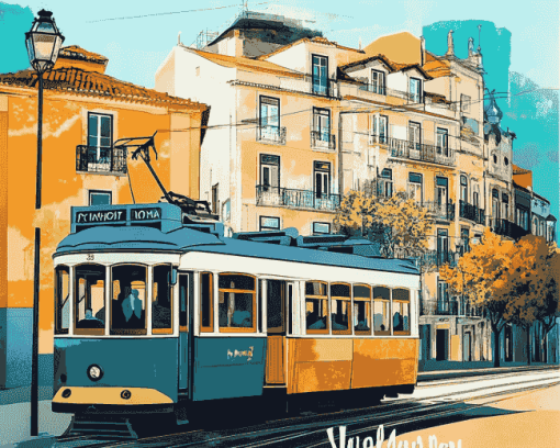 Lisbon Tram Cityscape Diamond Painting