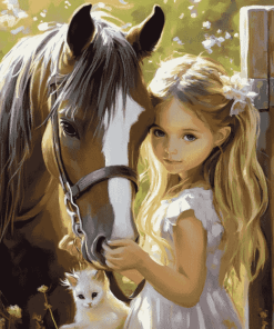 Little Girl with Pony and Cat Diamond Painting