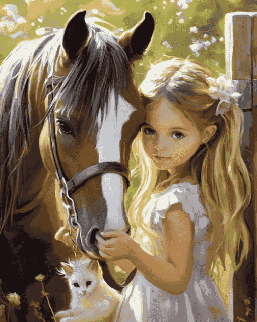 Little Girl with Pony and Cat Diamond Painting