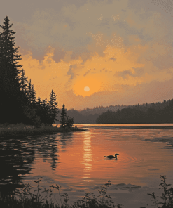 Loon Lake Sunset Scene Diamond Painting