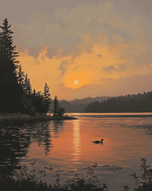 Loon Lake Sunset Scene Diamond Painting