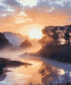 Misty River Valley Sunrise Diamond Painting