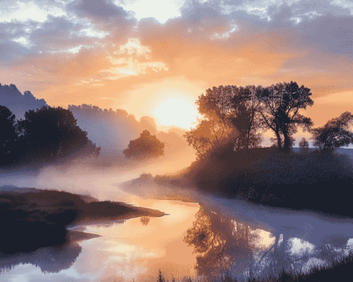 Misty River Valley Sunrise Diamond Painting