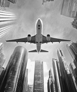 Monochrome Airplane and Skyscrapers Diamond Painting