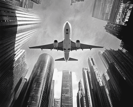 Monochrome Airplane and Skyscrapers Diamond Painting