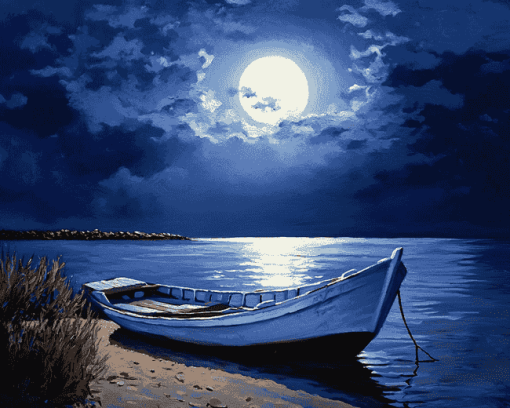 Moonlit Boat Seascape Diamond Painting