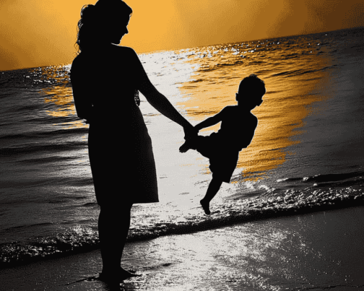 Mother Son Beach Silhouette Diamond Painting