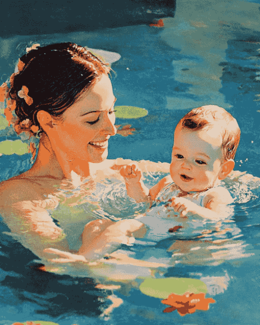 Mother Swimming with Baby Boy Diamond Painting