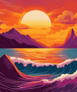 Mountain Waves at Pink Sunset Diamond Painting