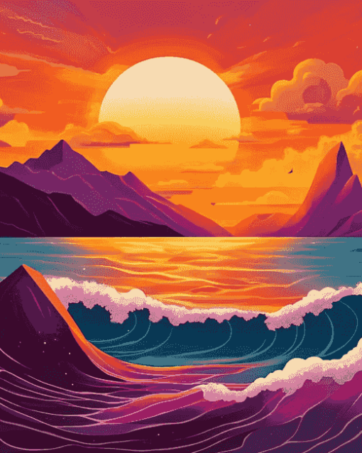 Mountain Waves at Pink Sunset Diamond Painting