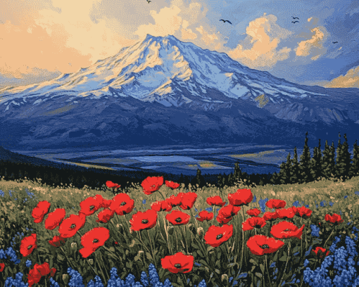 Mt St Helens Red Poppies View Diamond Painting