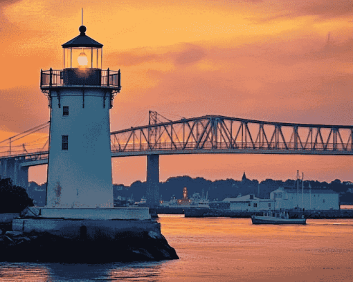 Newport Harbor Sunset Lighthouse Diamond Painting