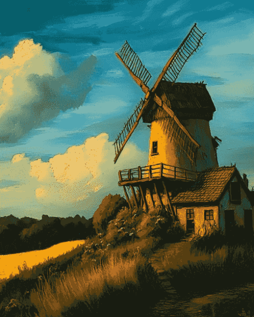 Old Windmill Landscape Diamond Painting