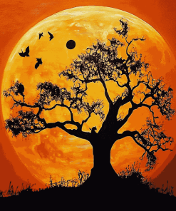 Orange Moon and Tree Silhouette Diamond Painting