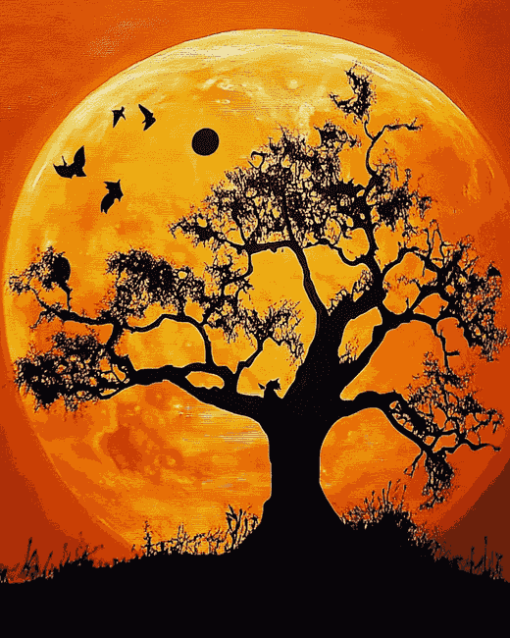 Orange Moon and Tree Silhouette Diamond Painting