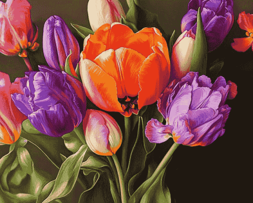 Orange Purple Tulip Blossoms Diamond Painting