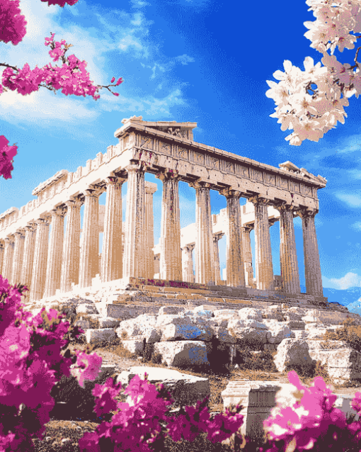 Parthenon Greece Flowers Diamond Painting