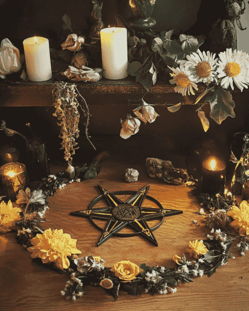 Pentacle with Flowers on Wiccan Altar Diamond Painting