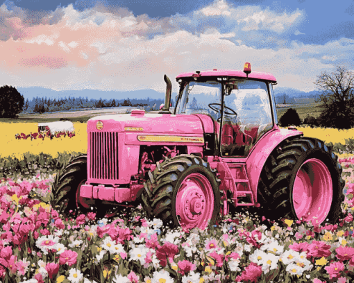 Pink Tractor in Flower Field Diamond Painting